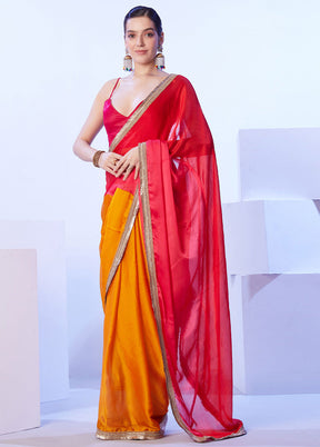 Red Satin Silk Saree With Blouse Piece