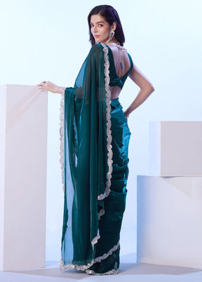 Teal Blue Satin Silk Saree With Blouse Piece