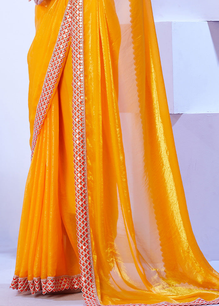 Yellow Satin Silk Saree With Blouse Piece