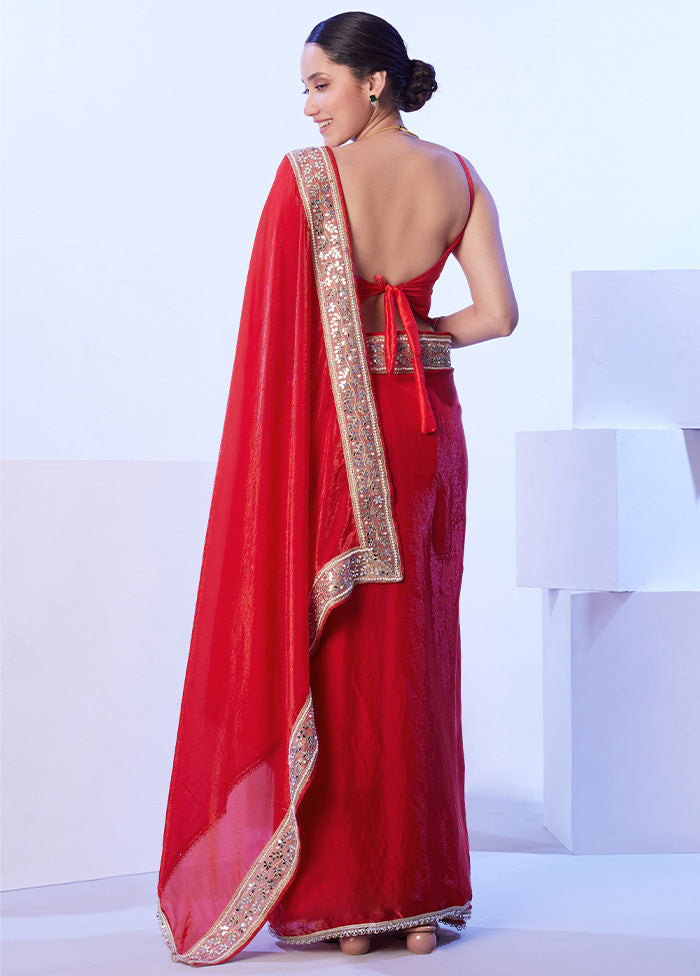 Red Satin Silk Saree With Blouse Piece