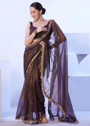 Brown Net Net Saree With Blouse Piece