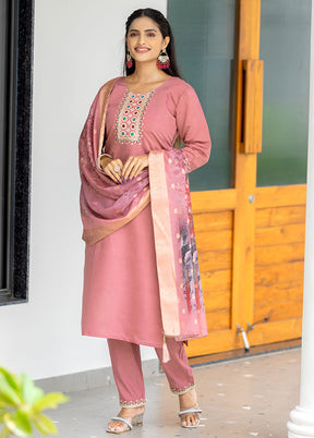 3 Pc Peach Readymade Silk Suit Set