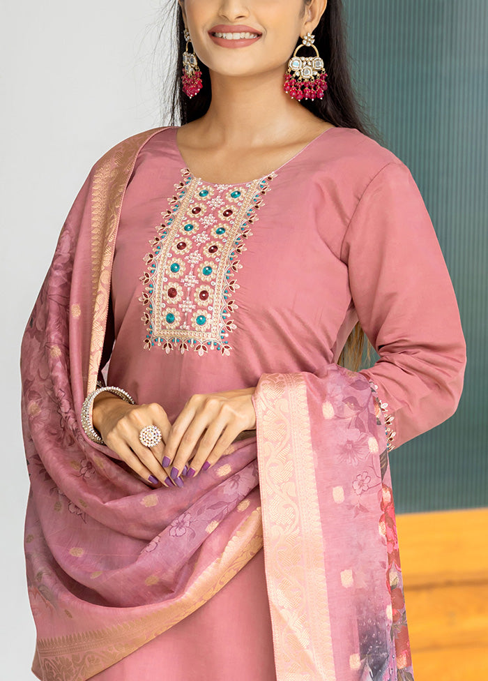 3 Pc Peach Readymade Silk Suit Set