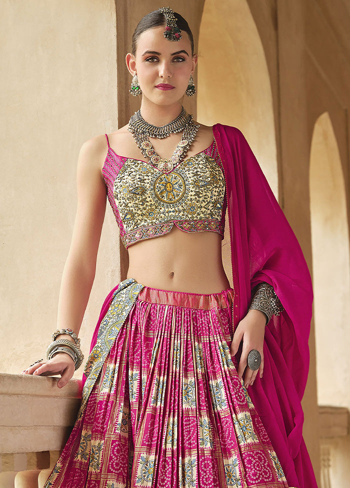 3 Pc Pink Silk Semi Stitched Lehenga Set