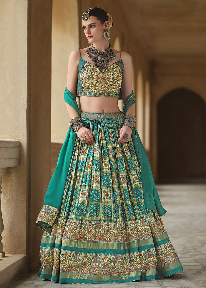 3 Pc Sea Green Silk Semi Stitched Lehenga Set