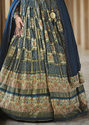 3 Pc Teal Blue Silk Semi Stitched Lehenga Set