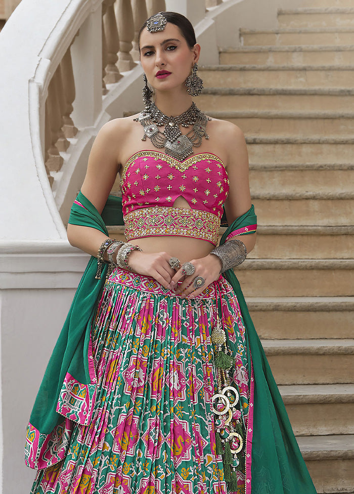 3 Pc Sea Green Silk Semi Stitched Lehenga Set