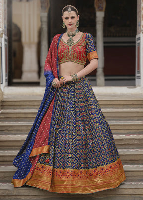 3 Pc Blue Silk Semi Stitched Lehenga Set