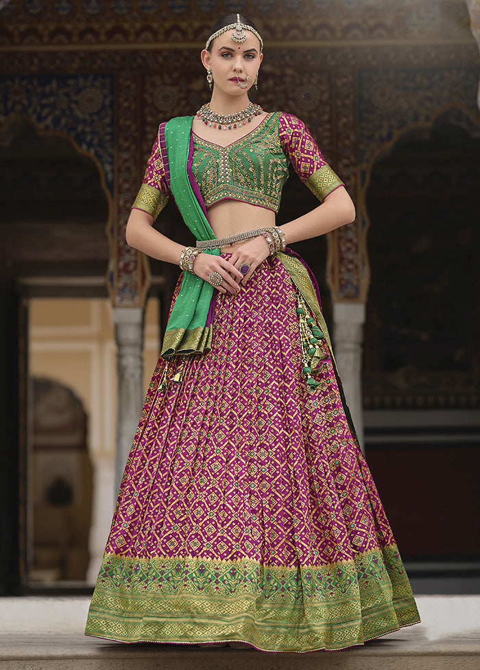 3 Pc Magenta Silk Semi Stitched Lehenga Set