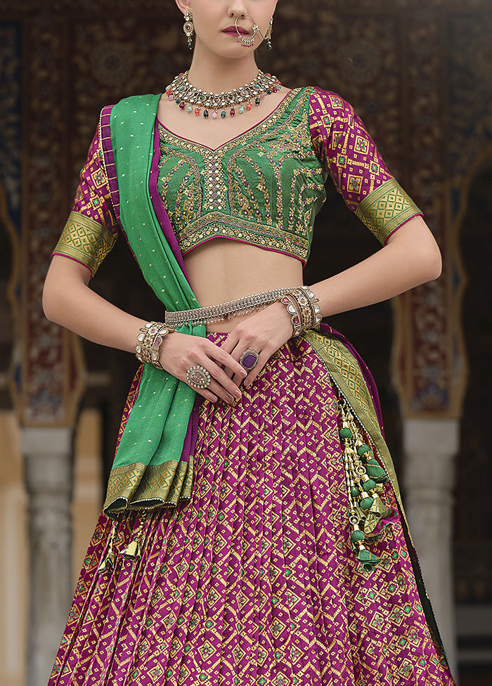 3 Pc Magenta Silk Semi Stitched Lehenga Set