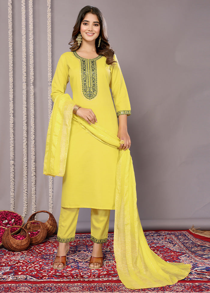 3 Pc Yellow Readymade Cotton Suit Set