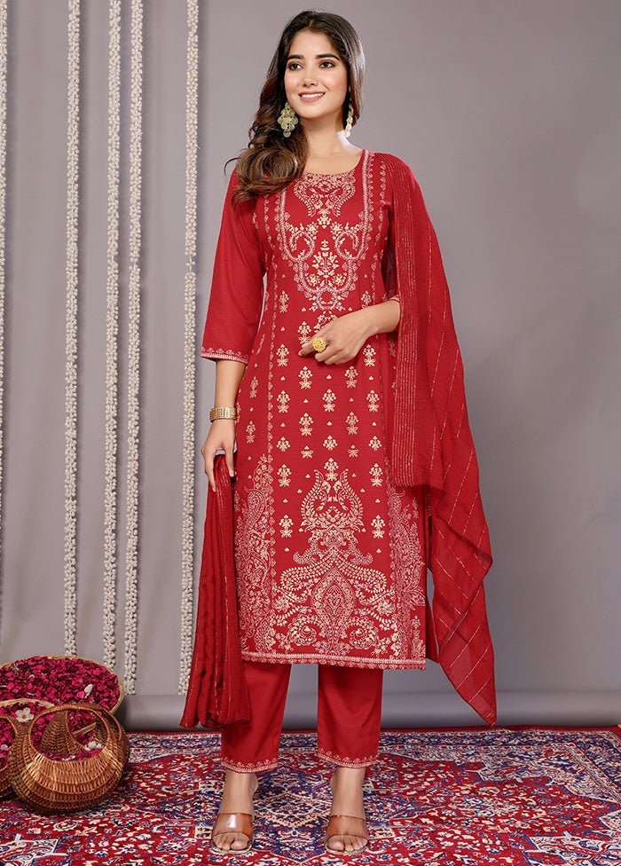 3 Pc Red Readymade Cotton Suit Set