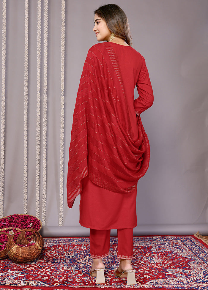 3 Pc Red Readymade Cotton Suit Set