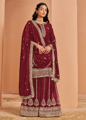 3 Pc Maroon Semi Stitched Georgette Suit Set