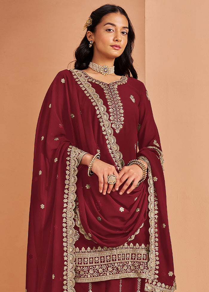 3 Pc Maroon Semi Stitched Georgette Suit Set