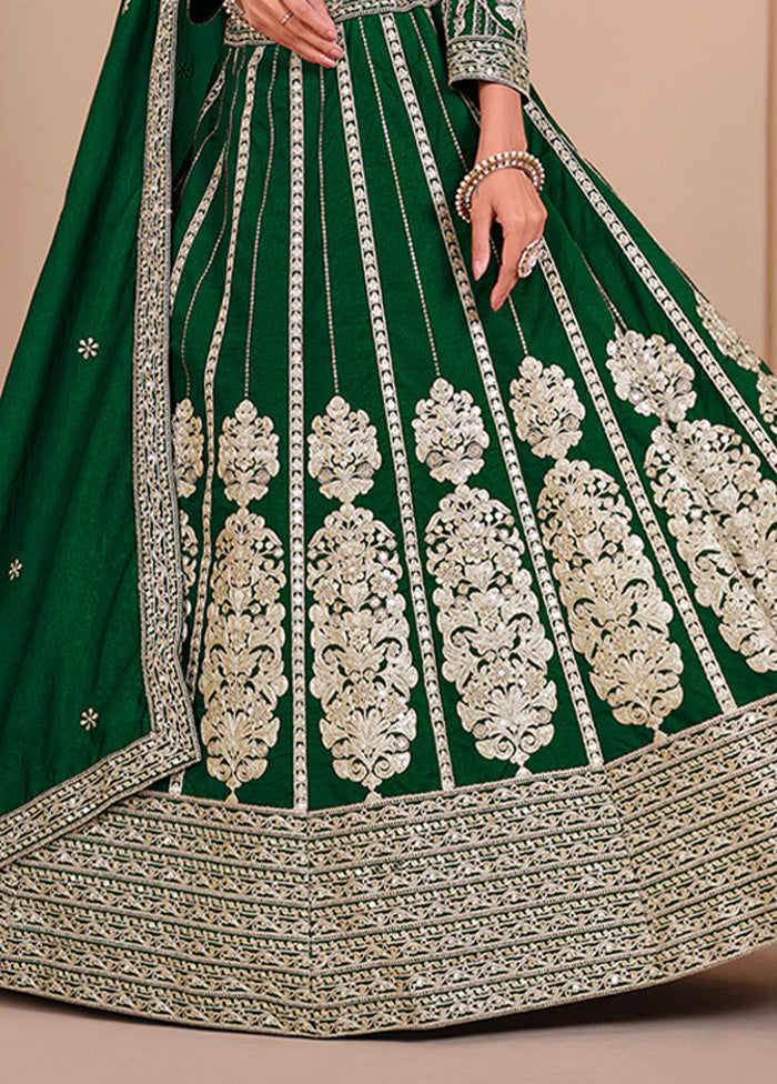 3 Pc Green Silk Semi Stitched Lehenga Set