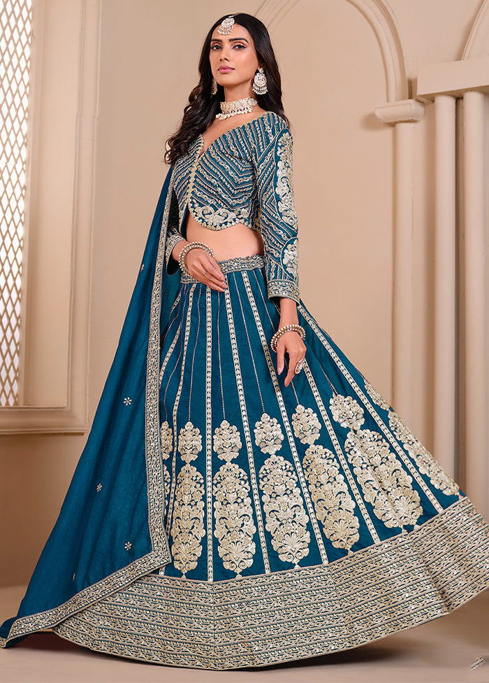 3 Pc Teal Blue Silk Semi Stitched Lehenga Set