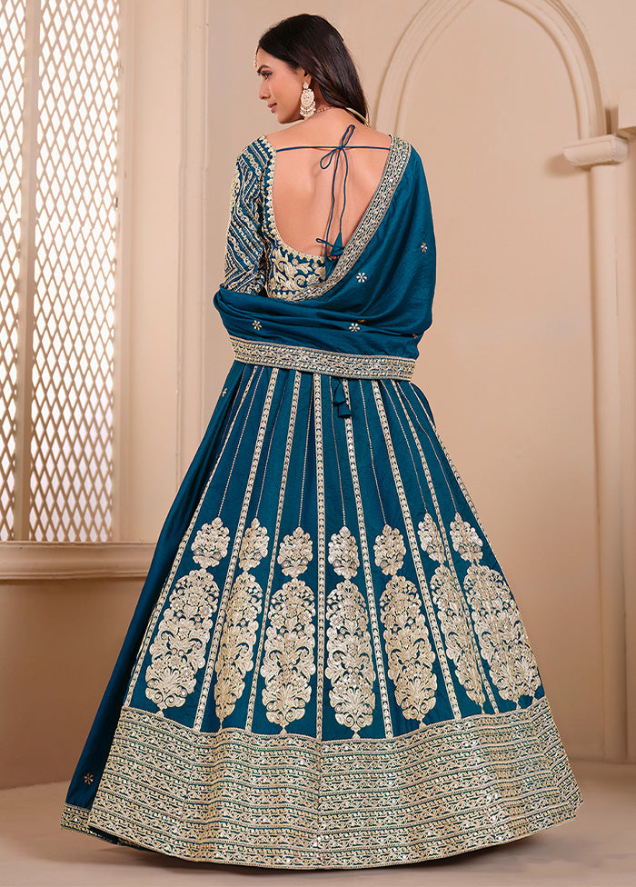 3 Pc Teal Blue Silk Semi Stitched Lehenga Set