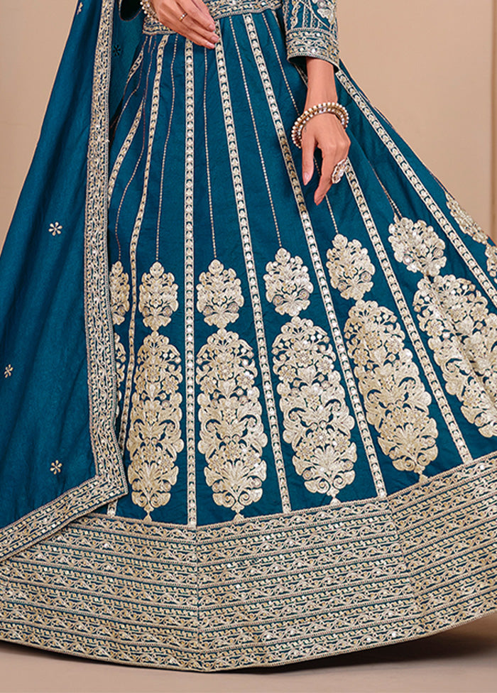 3 Pc Teal Blue Silk Semi Stitched Lehenga Set