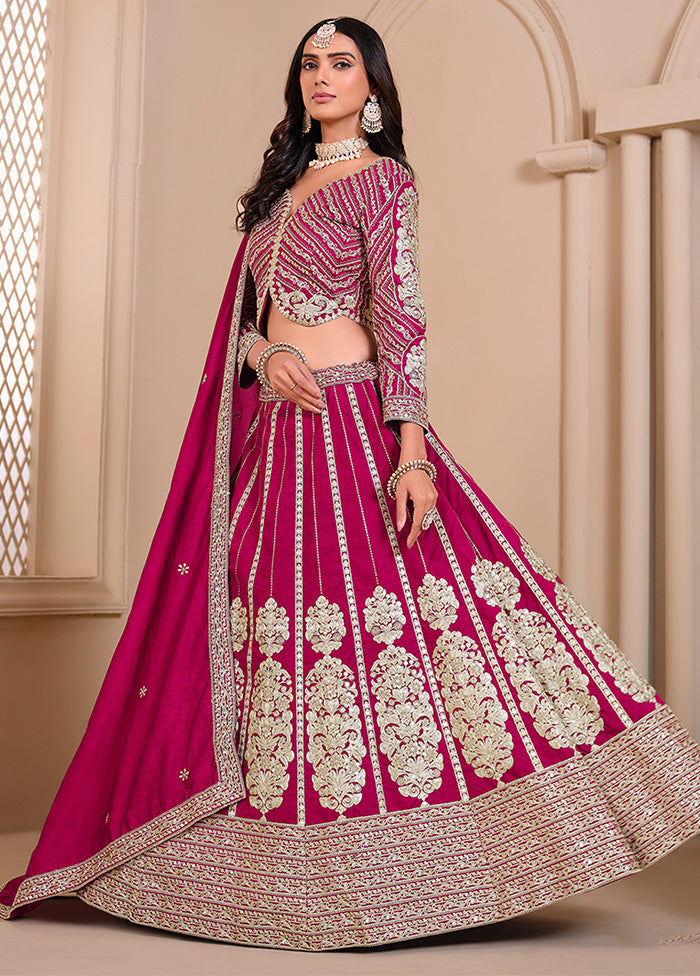 3 Pc Pink Silk Semi Stitched Lehenga Set