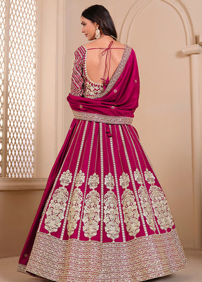 3 Pc Pink Silk Semi Stitched Lehenga Set