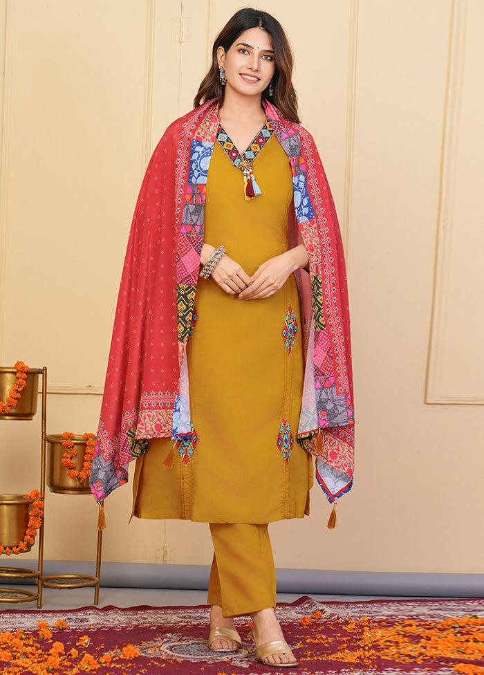 3 Pc Mustard Readymade Viscose Suit Set