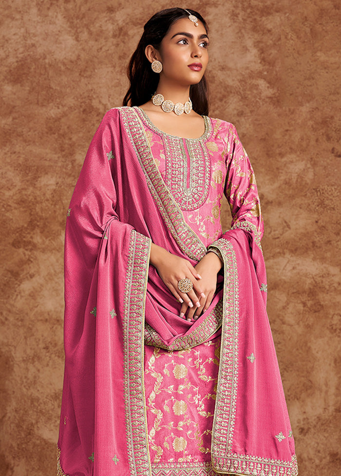 3 Pc Pink Semi Stitched Silk Suit Set