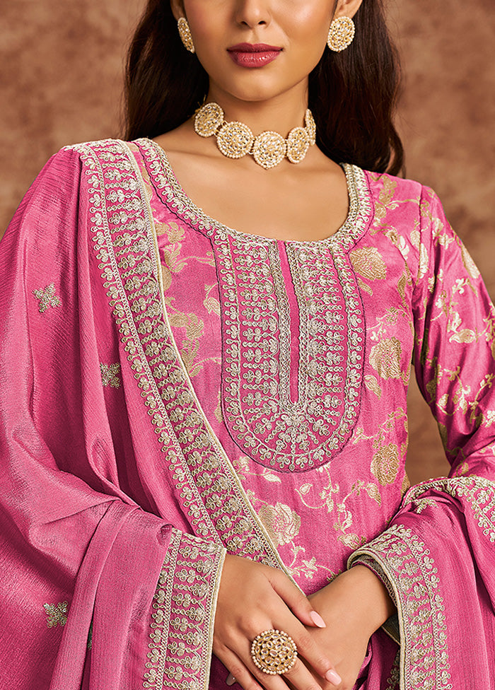 3 Pc Pink Semi Stitched Silk Suit Set