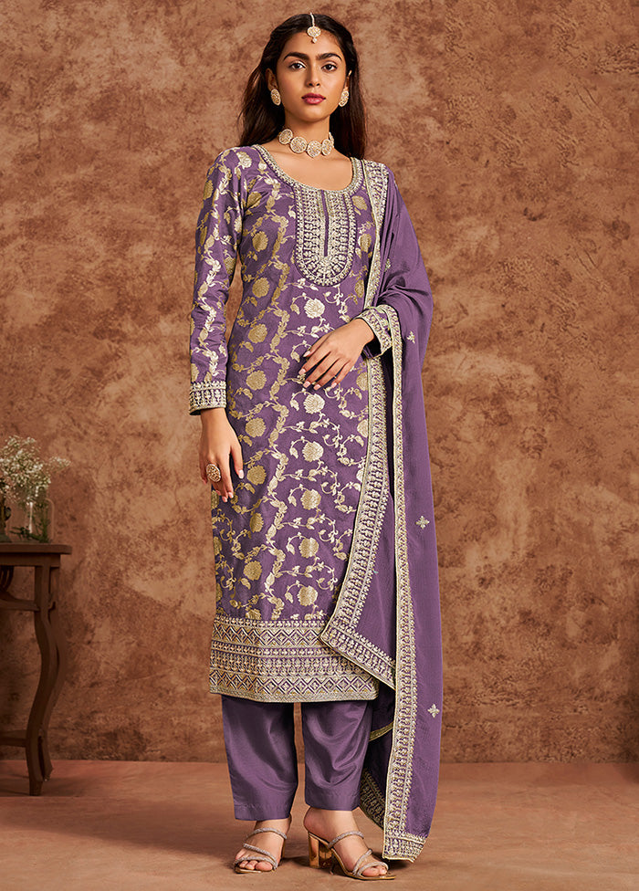 3 Pc Lavender Semi Stitched Silk Suit Set