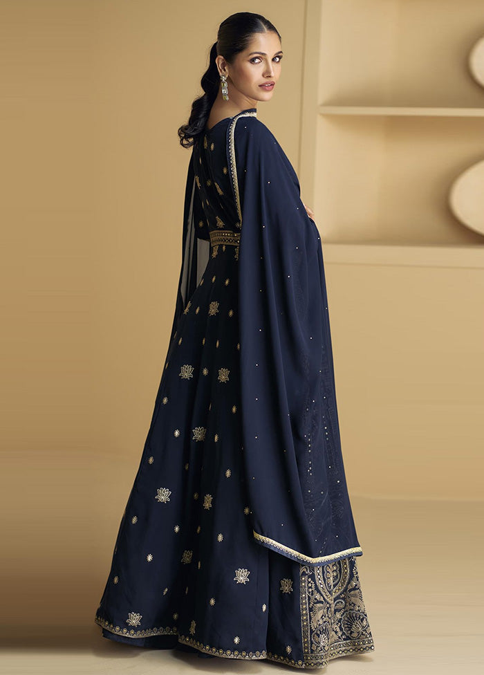 3 Pc Blue Semi Stitched Georgette Suit Set