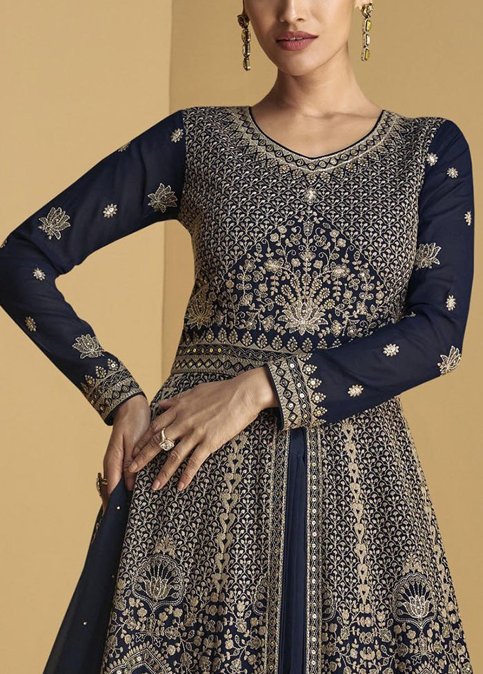 3 Pc Blue Semi Stitched Georgette Suit Set