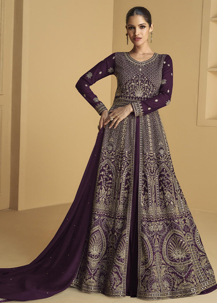 3 Pc Purple Semi Stitched Georgette Suit Set