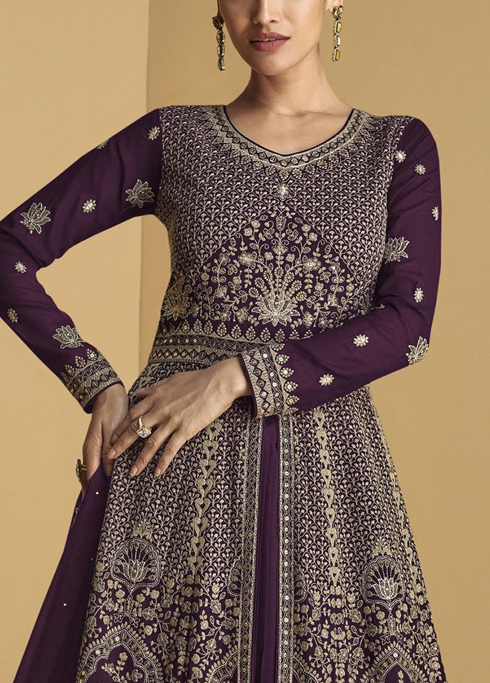 3 Pc Purple Semi Stitched Georgette Suit Set