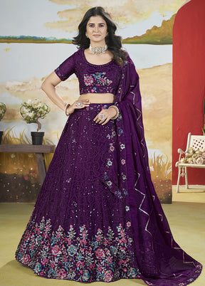 3 Pc Purple Silk Semi Stitched Lehenga Set