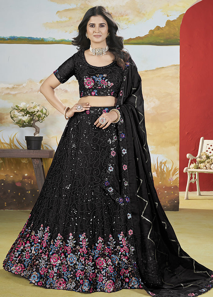 3 Pc Black Silk Semi Stitched Lehenga Set