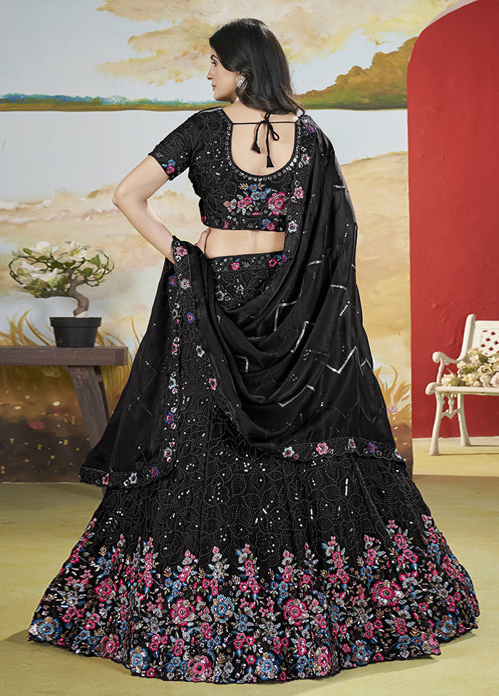 3 Pc Black Silk Semi Stitched Lehenga Set