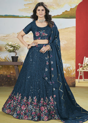 3 Pc Teal Blue Silk Semi Stitched Lehenga Set