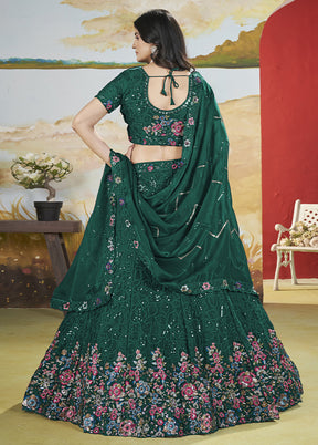 3 Pc Green Silk Semi Stitched Lehenga Set