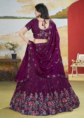 3 Pc Magenta Silk Semi Stitched Lehenga Set