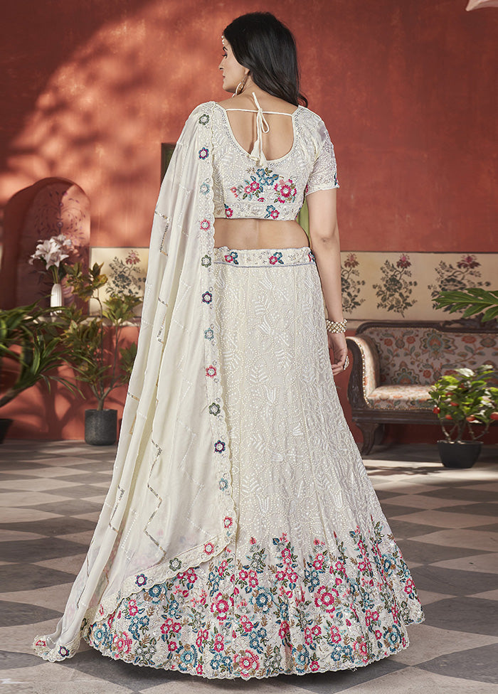 3 Pc Off White Silk Semi Stitched Lehenga Set