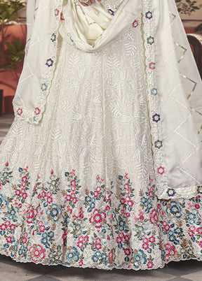 3 Pc Off White Silk Semi Stitched Lehenga Set