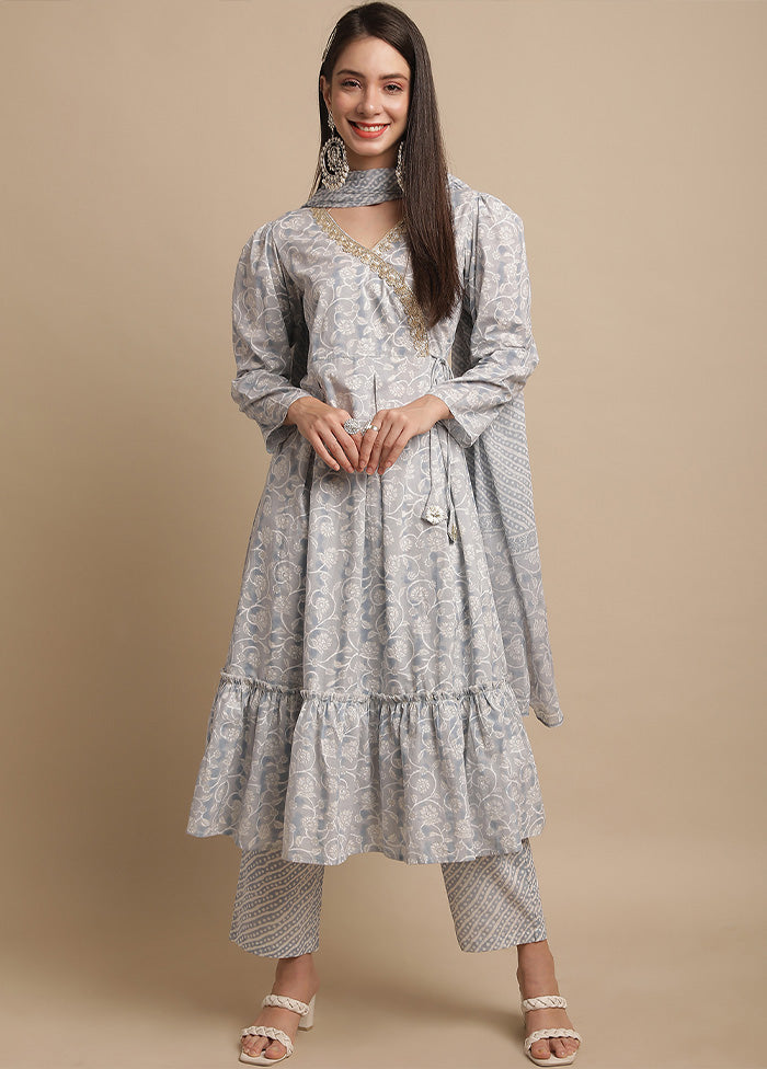 3 Pc Grey Readymade Cotton Suit Set