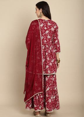 3 Pc Maroon Readymade Cotton Suit Set