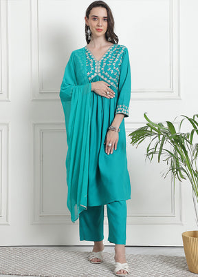 3 Pc Teal Blue Readymade Rayon Suit Set