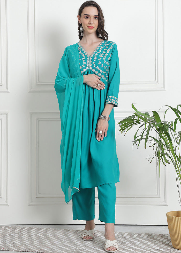 3 Pc Teal Blue Readymade Rayon Suit Set