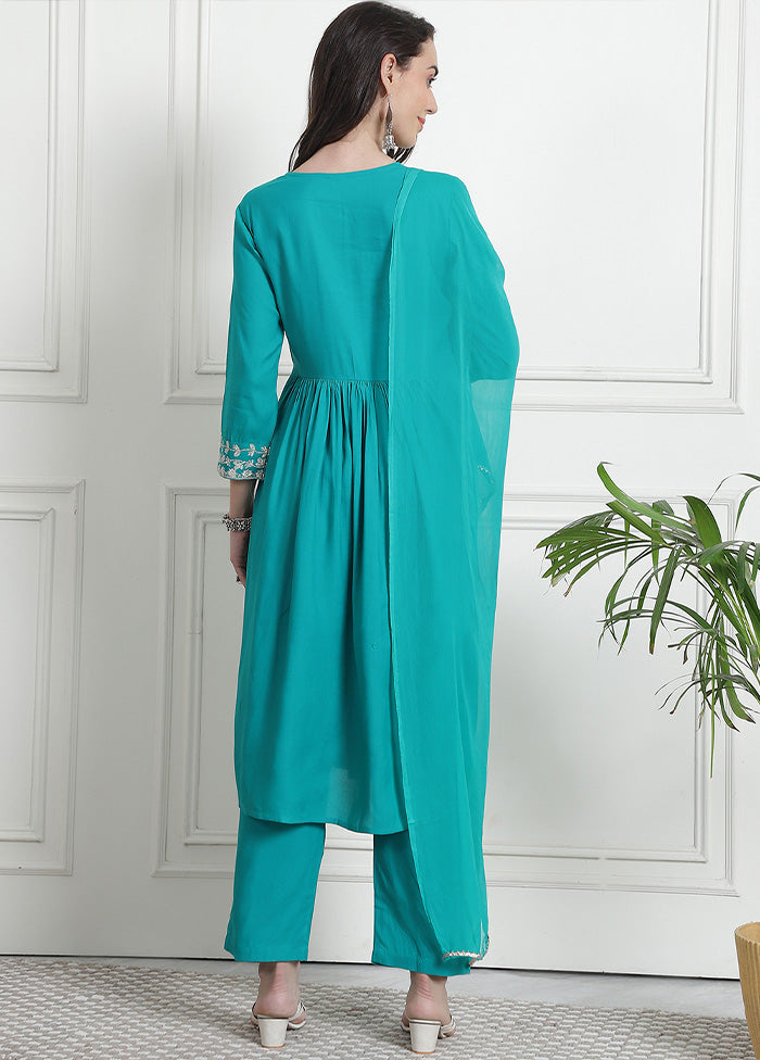 3 Pc Teal Blue Readymade Rayon Suit Set