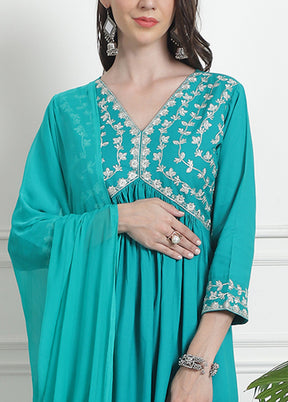 3 Pc Teal Blue Readymade Rayon Suit Set