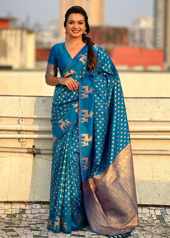 Blue Spun Silk Saree With Blouse Piece