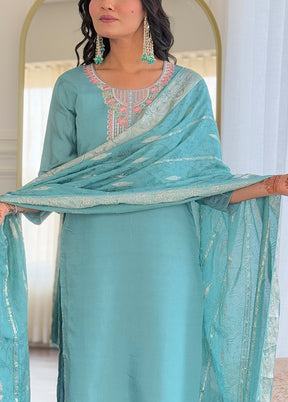 3 Pc Sky Blue Readymade Chanderi Suit Set