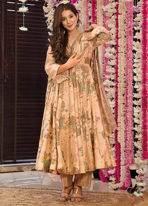 3 Pc Peach Readymade Silk Suit Set